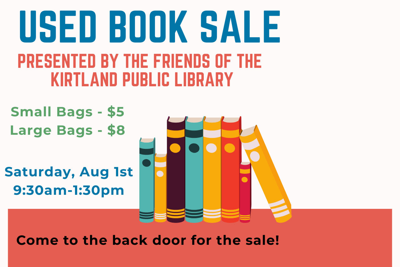 Poster describing used book sale at the library. Caption contains additional details.
