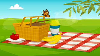 Photo of picnic basket and blanket outside
